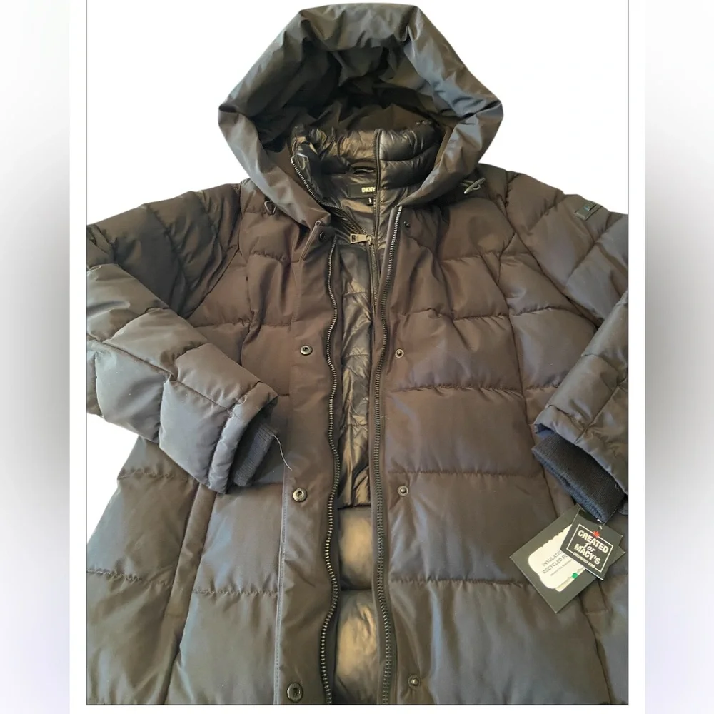 NWT DKNY BLACK BIBBED SHAWL COLLAR HOODED PUFFER SIZE LARGE - Picture 2 of 10